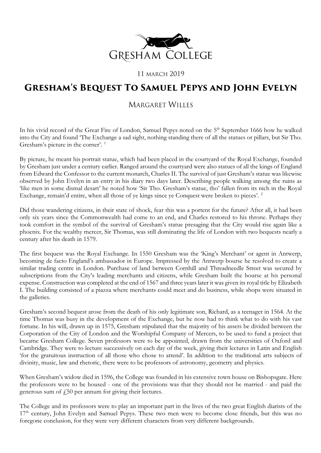 Gresham's Bequest to Samuel Pepys and John Evelyn