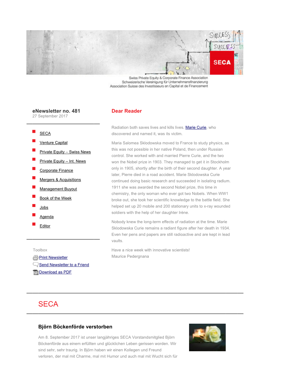 Enewsletter No. 481 | SECA | Swiss Private Equity & Corporate Finance