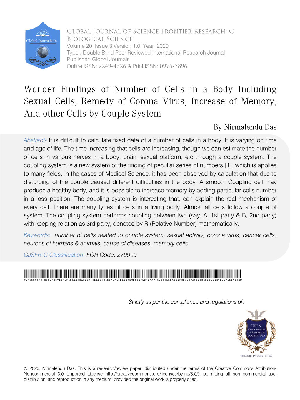 Wonder Findings of Number of Cells in a Body Including Sexual Cells, Remedy of Corona Virus, Increase of Memory, and Other Cells by Couple System by Nirmalendu Das