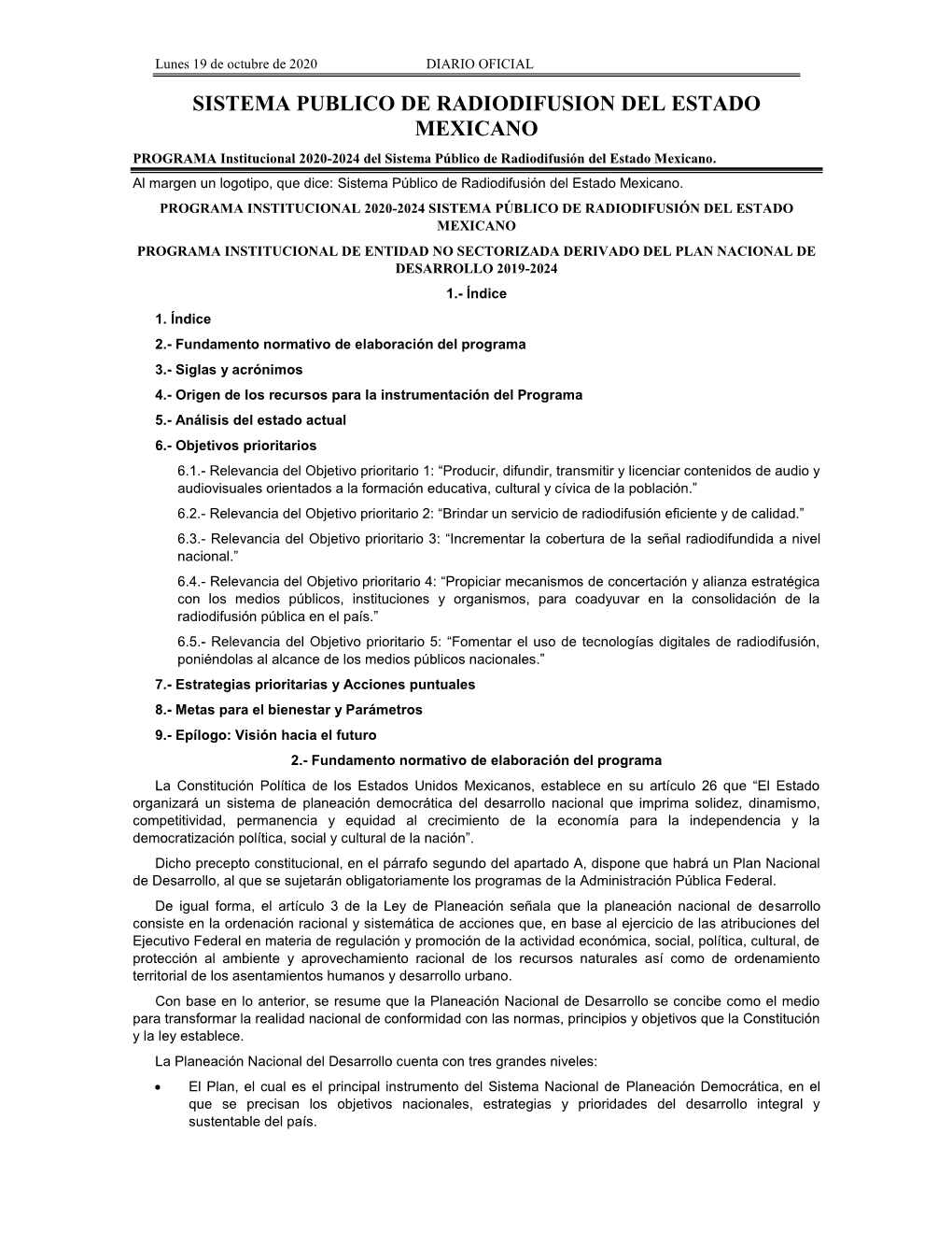 PROGRAMA Institucional 2020-2024 Del Sistema Público De Radiodifusión Del Estado Mexicano