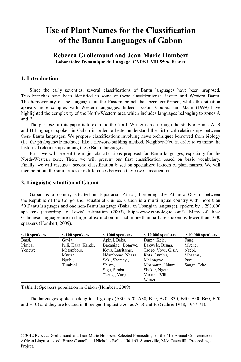 Use of Plant Names for the Classification of the Bantu Languages of Gabon