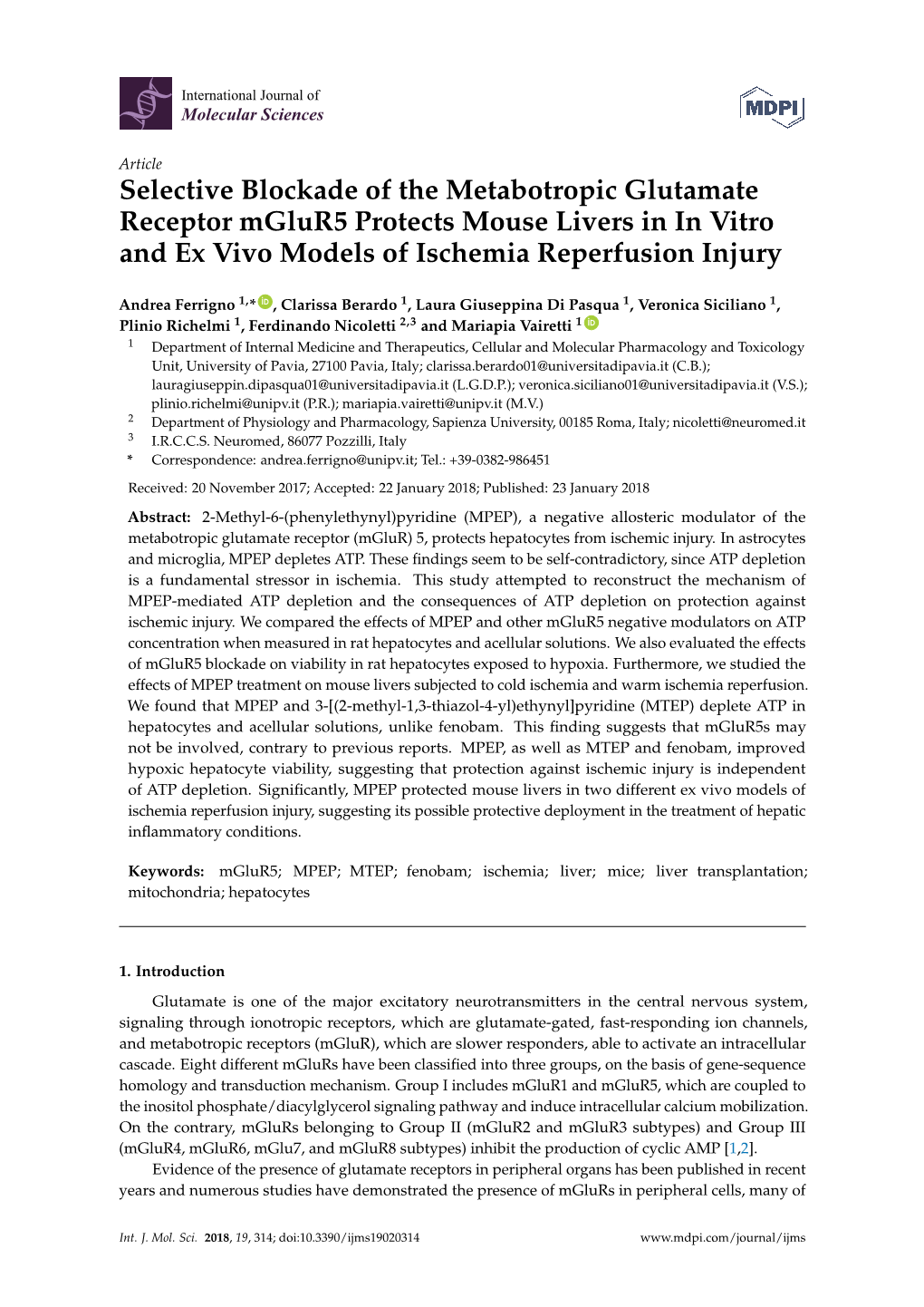 Selective Blockade of the Metabotropic Glutamate Receptor Mglur5 Protects Mouse Livers in in Vitro and Ex Vivo Models of Ischemia Reperfusion Injury
