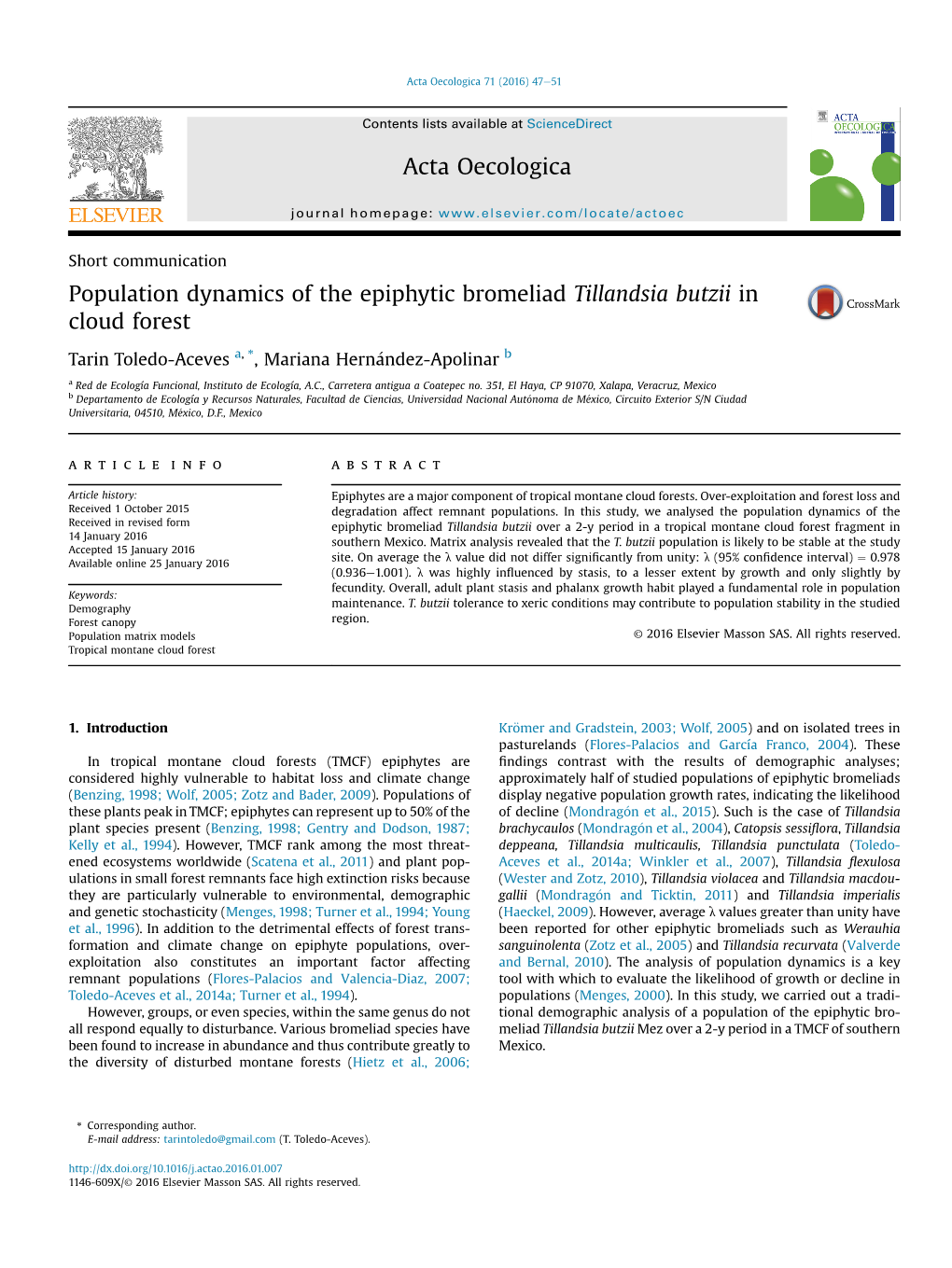 Population Dynamics of the Epiphytic Bromeliad Tillandsia Butzii in Cloud Forest