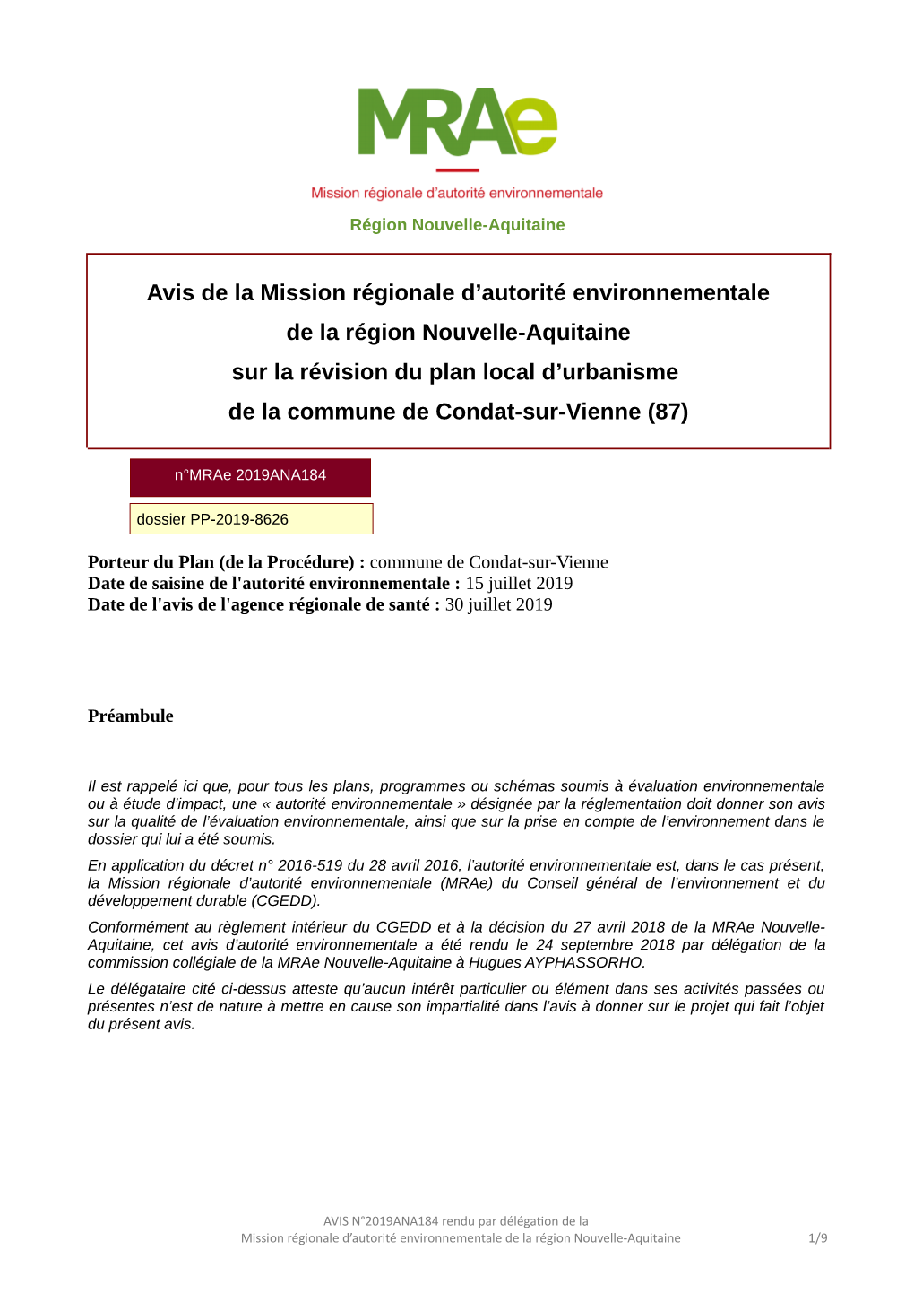 Avis De La Mission Régionale D'autorité Environnementale De La Région