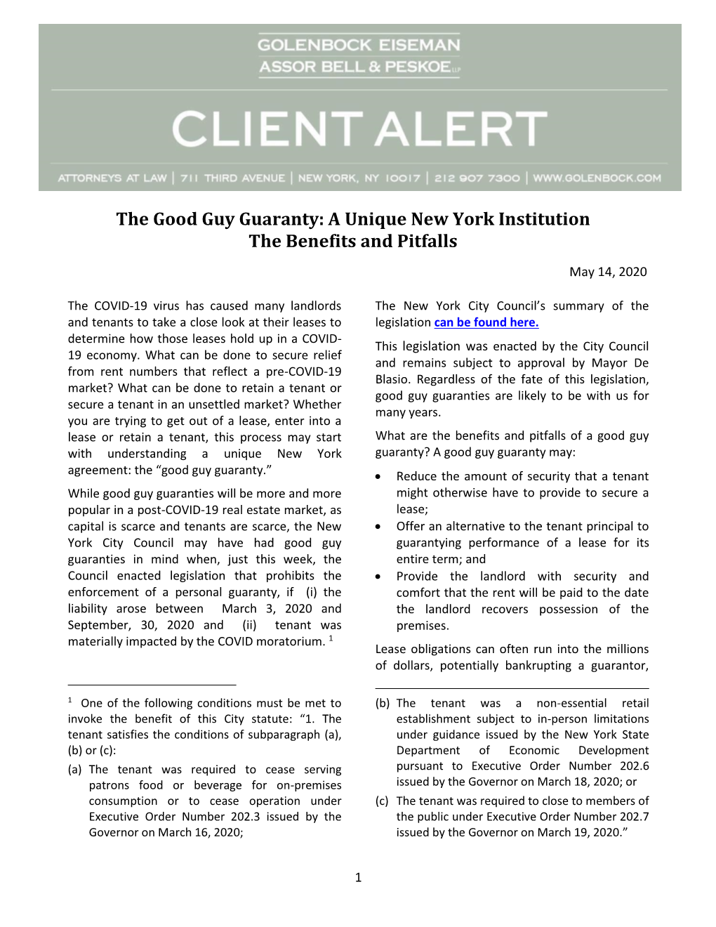 The Good Guy Guaranty: a Unique New York Institution the Benefits and Pitfalls