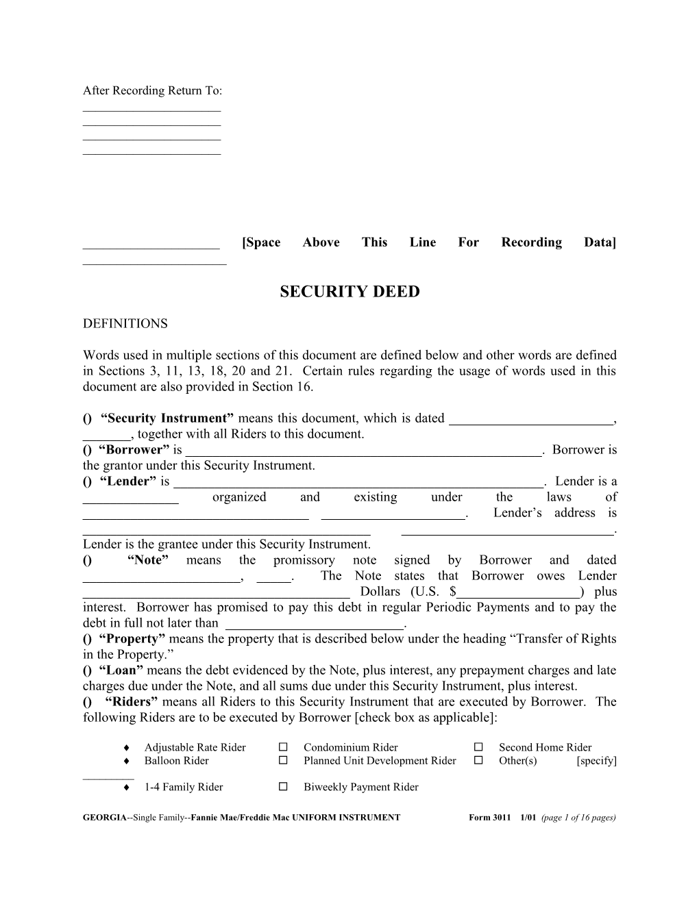 Georgia Security Instrument (Form 3011): Word