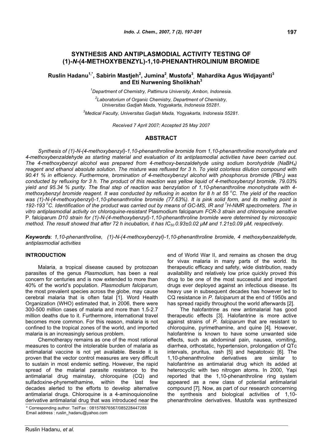 Synthesis and Antiplasmodial Activity Testing of (1)-N-(4-Methoxybenzyl)-1,10-Phenanthrolinium Bromide