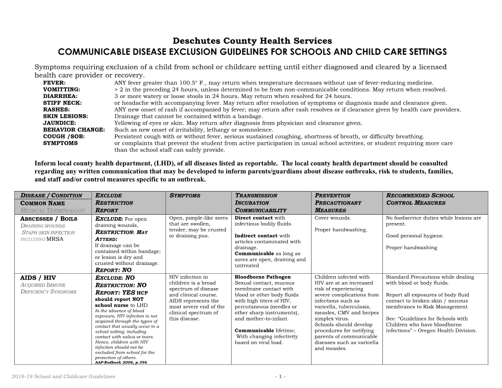 Communicable Disease Exclusion Guidelines for Schools and Child Care Settings