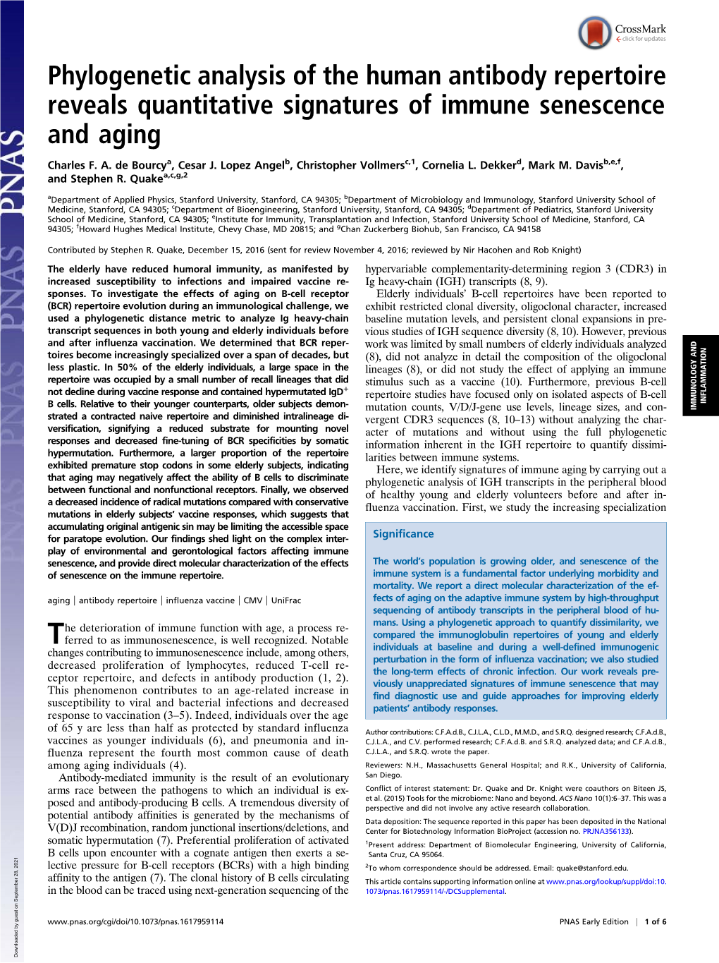 Phylogenetic Analysis of the Human Antibody Repertoire Reveals Quantitative Signatures of Immune Senescence and Aging