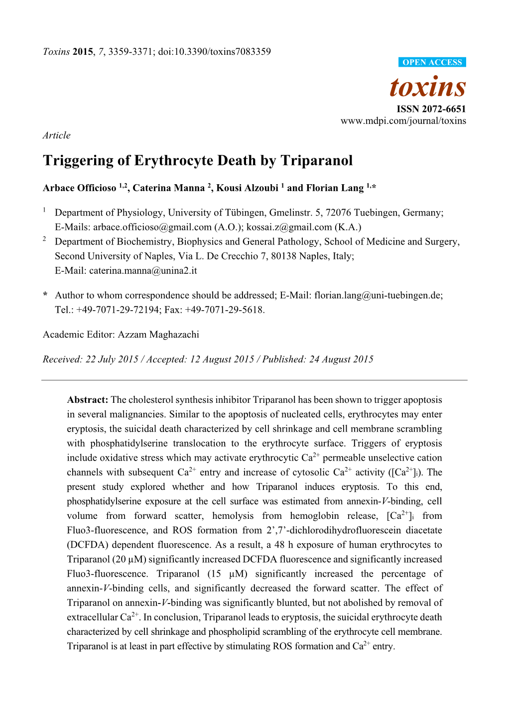 Triggering of Erythrocyte Death by Triparanol