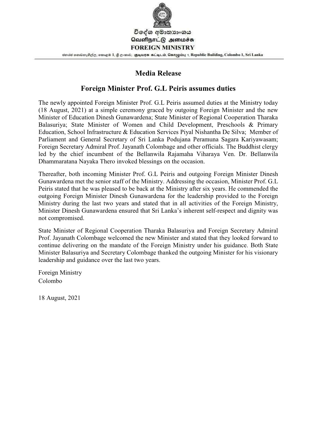 Media Release Foreign Minister Prof. G.L Peiris Assumes Duties