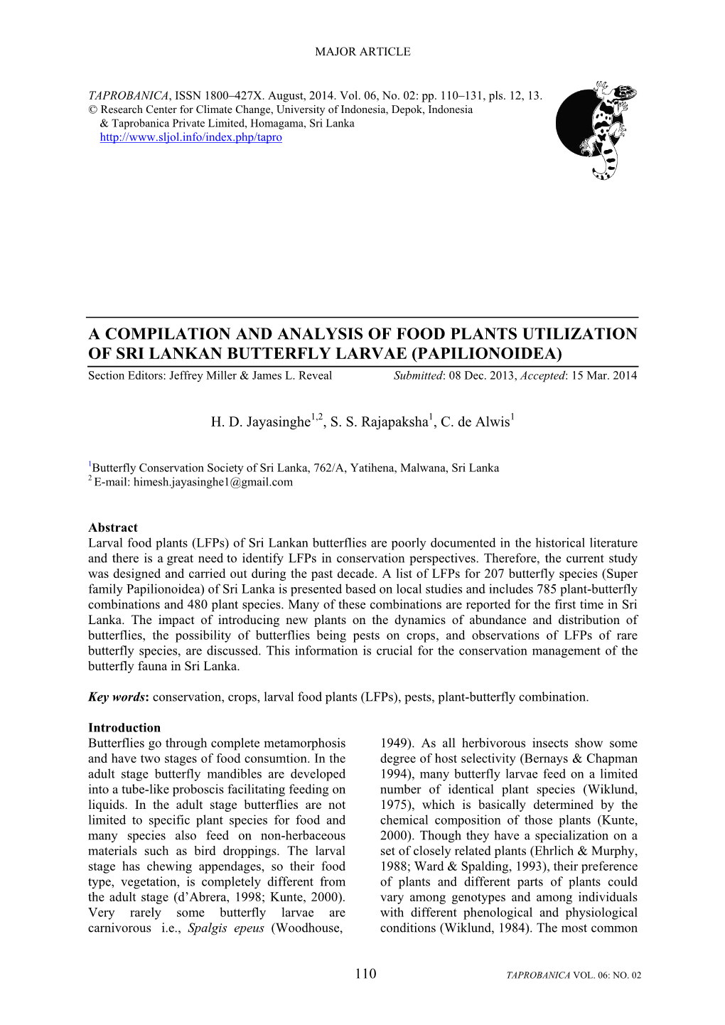 A Compilation and Analysis of Food Plants Utilization of Sri Lankan Butterfly Larvae (Papilionoidea)