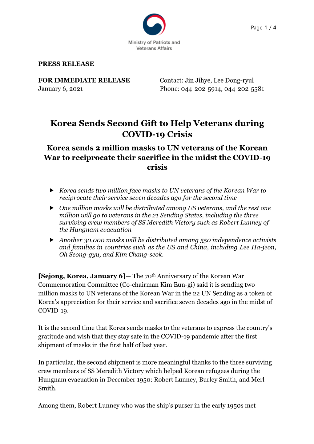 Korea Sends Second Gift to Help Veterans During COVID-19 Crisis