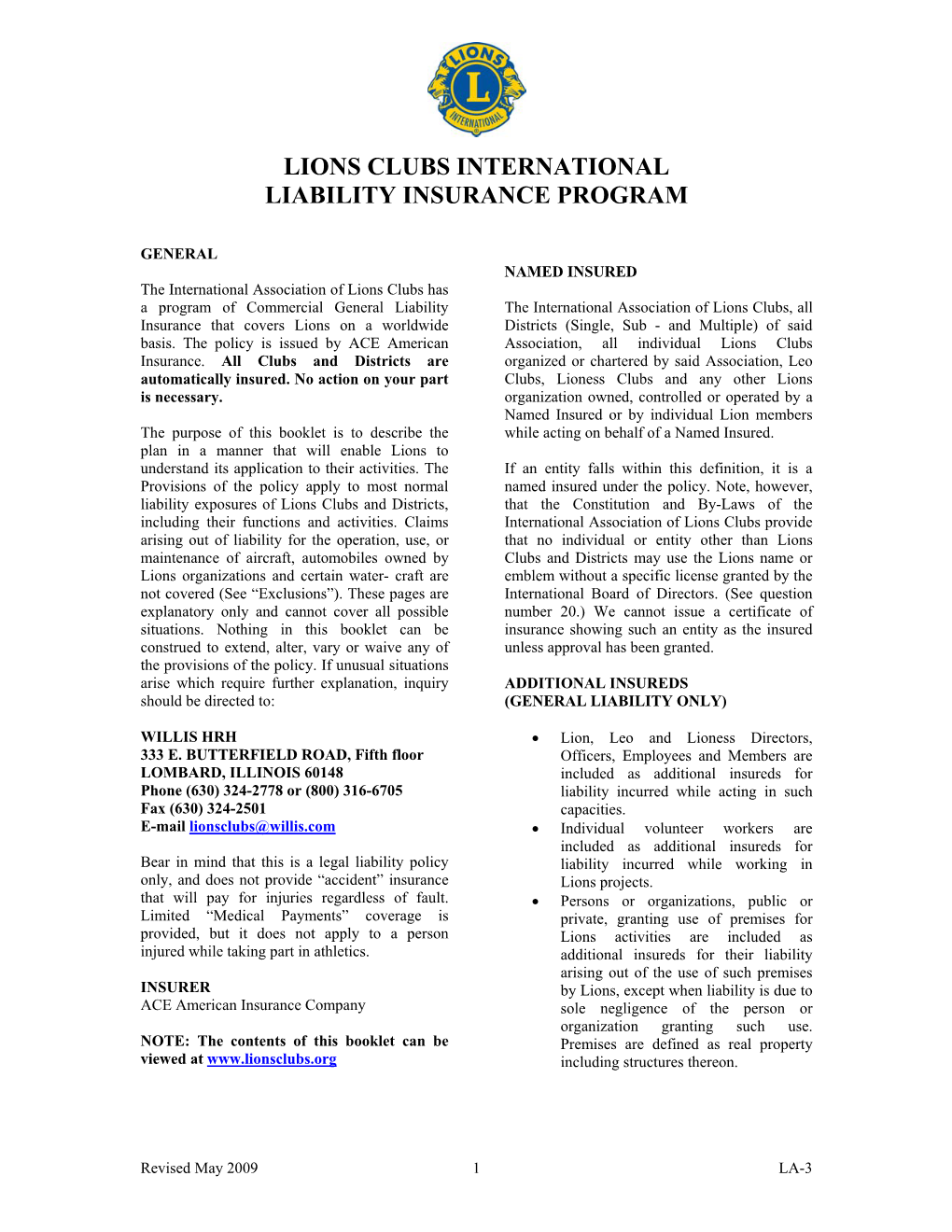 Lions Clubs International Liability Insurance Program