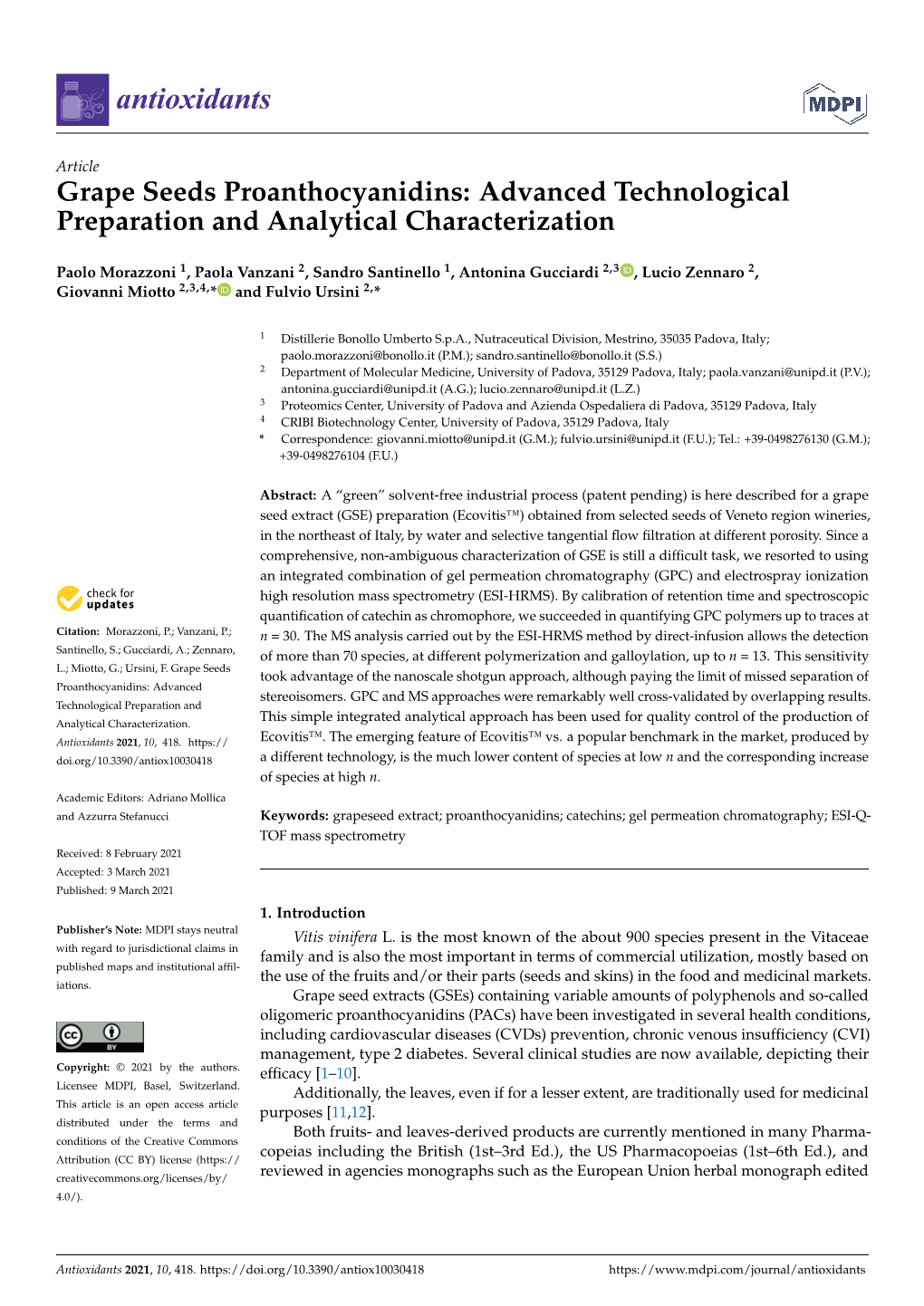 Grape Seeds Proanthocyanidins: Advanced Technological Preparation and Analytical Characterization