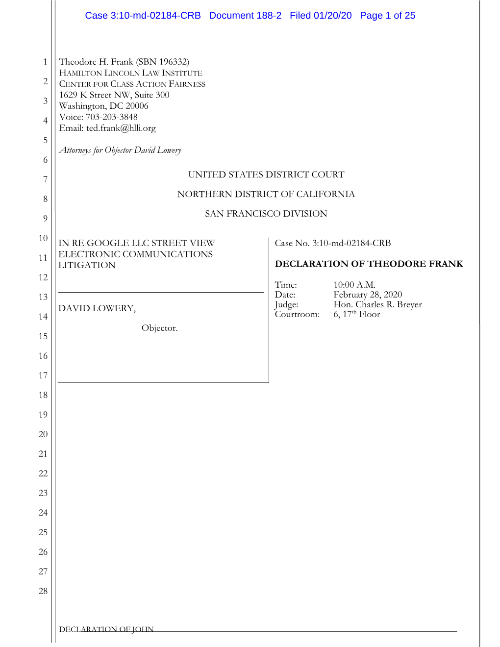 Case 3:10-Md-02184-CRB Document 188-2 Filed 01/20/20 Page 1 of 25