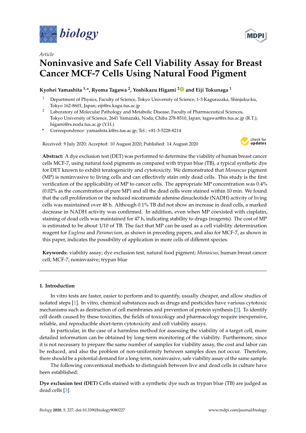 Noninvasive and Safe Cell Viability Assay for Breast Cancer MCF-7 Cells Using Natural Food Pigment