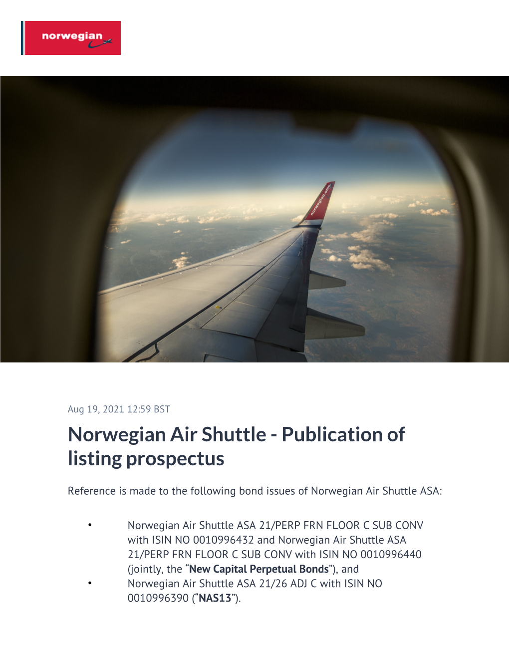 Norwegian Air Shuttle - Publication of Listing Prospectus