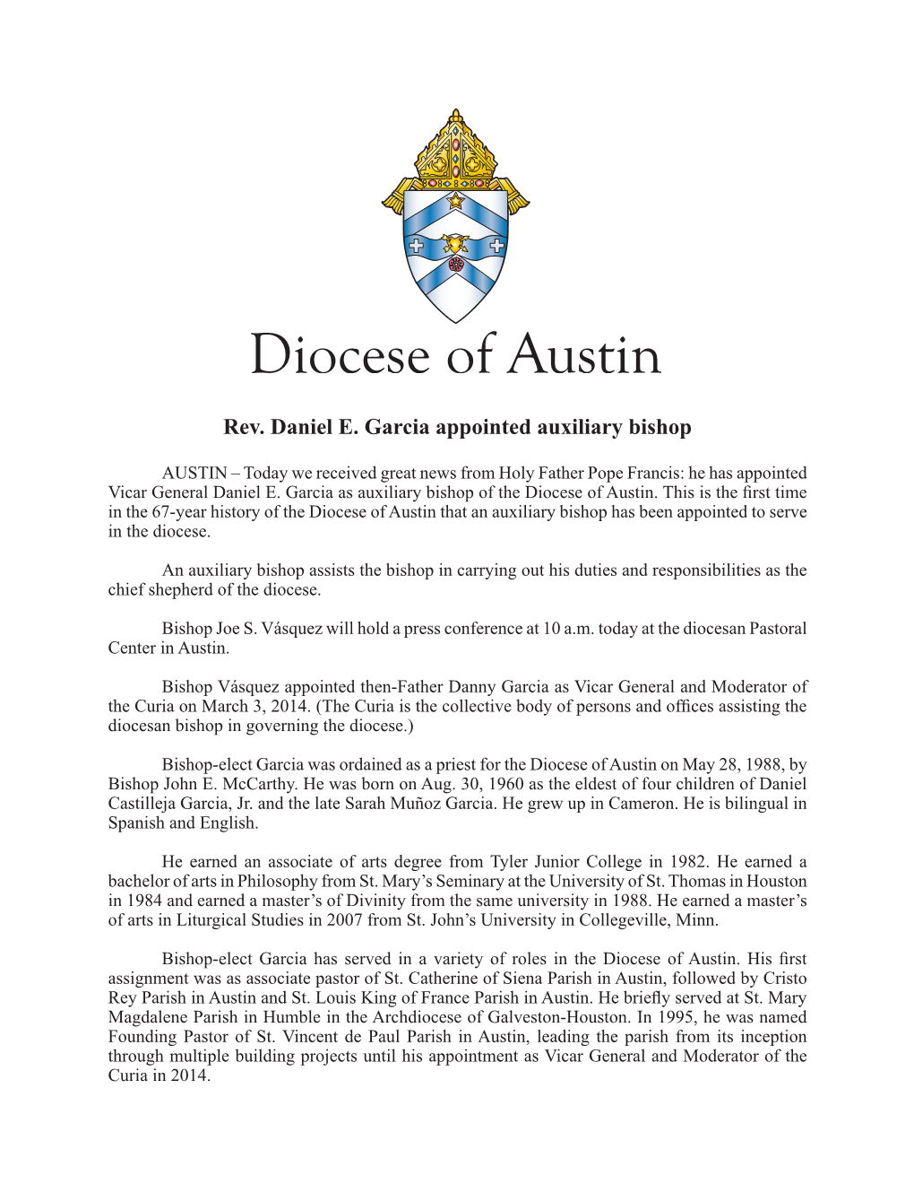 Rev. Daniel E. Garcia Appointed Auxiliary Bishop