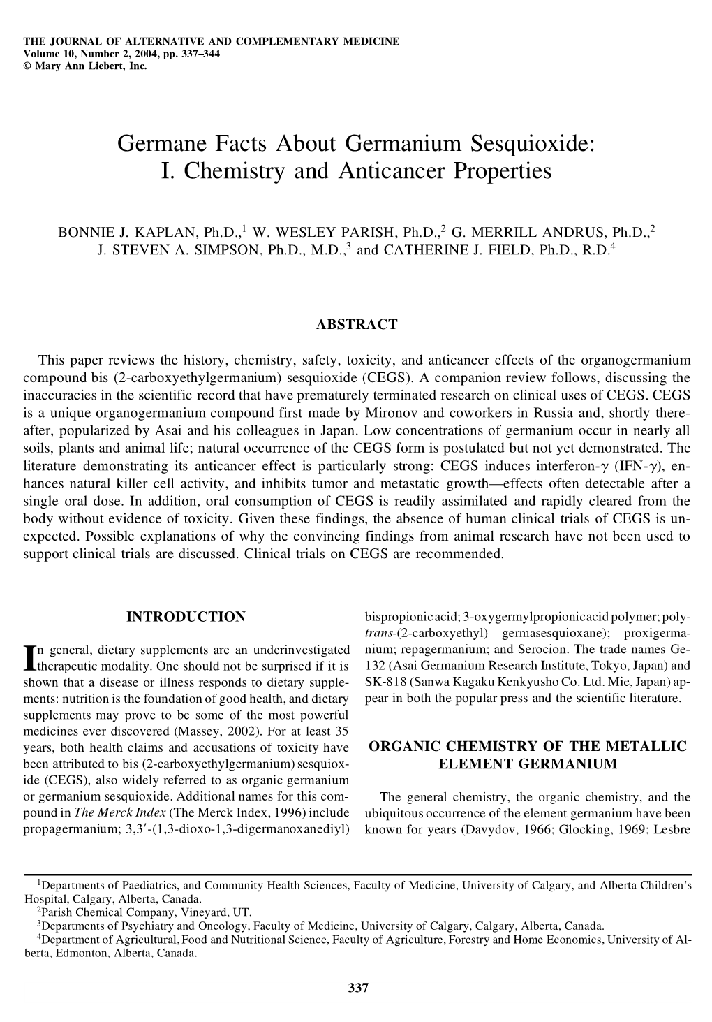 Germane Facts About Germanium Sesquioxide: I. Chemistry and Anticancer Properties