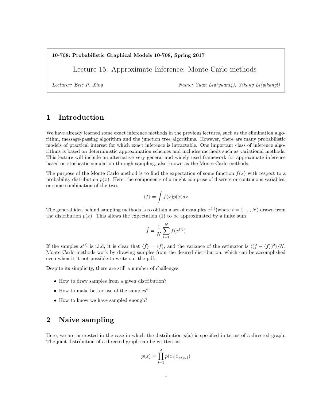 Lecture 15: Approximate Inference: Monte Carlo Methods