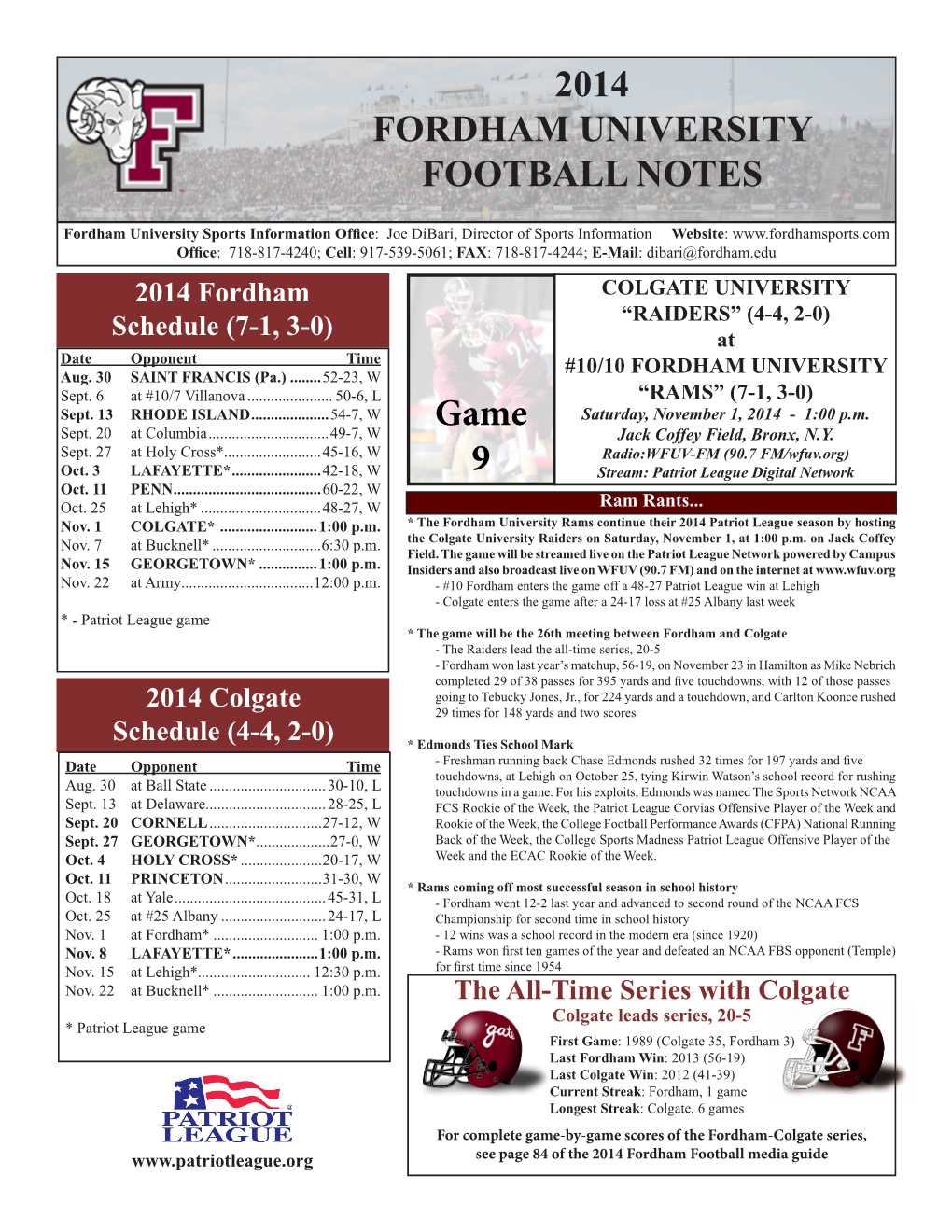 2014 FORDHAM UNIVERSITY FOOTBALL NOTES Game 9