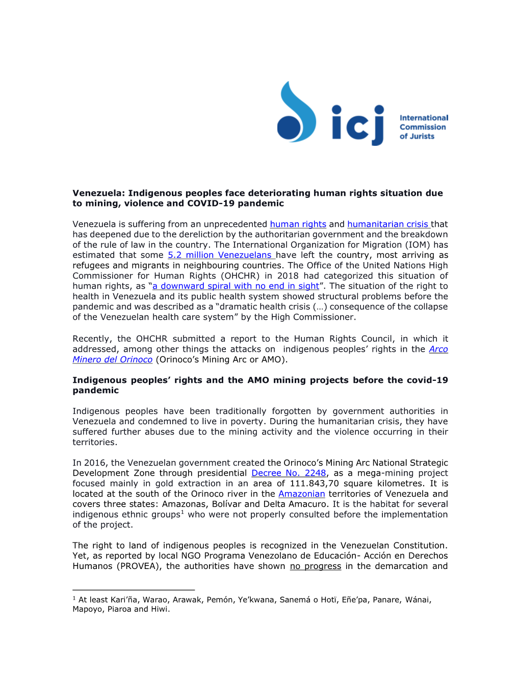 Venezuela: Indigenous Peoples Face Deteriorating Human Rights Situation Due to Mining, Violence and COVID-19 Pandemic