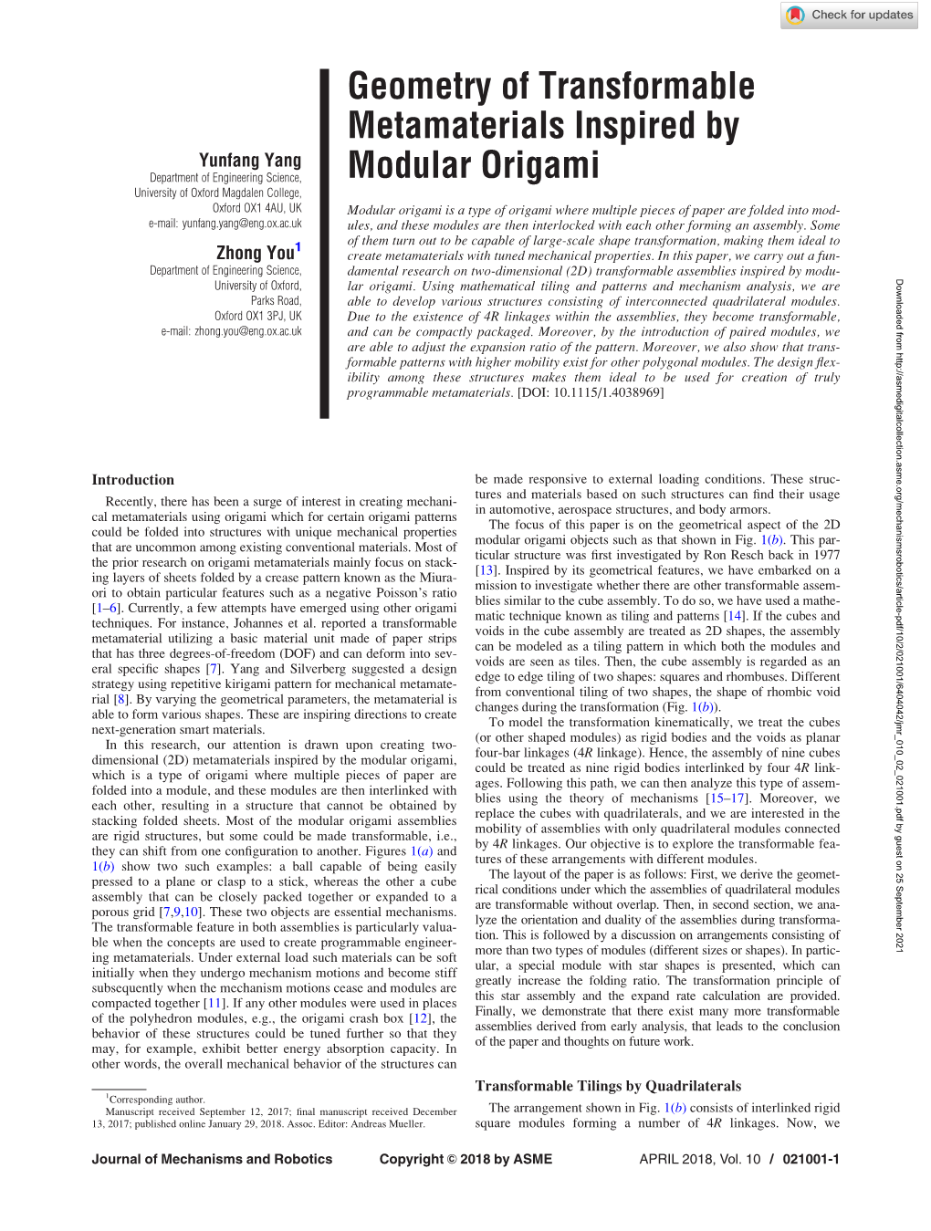 Geometry of Transformable Metamaterials Inspired by Modular Origami