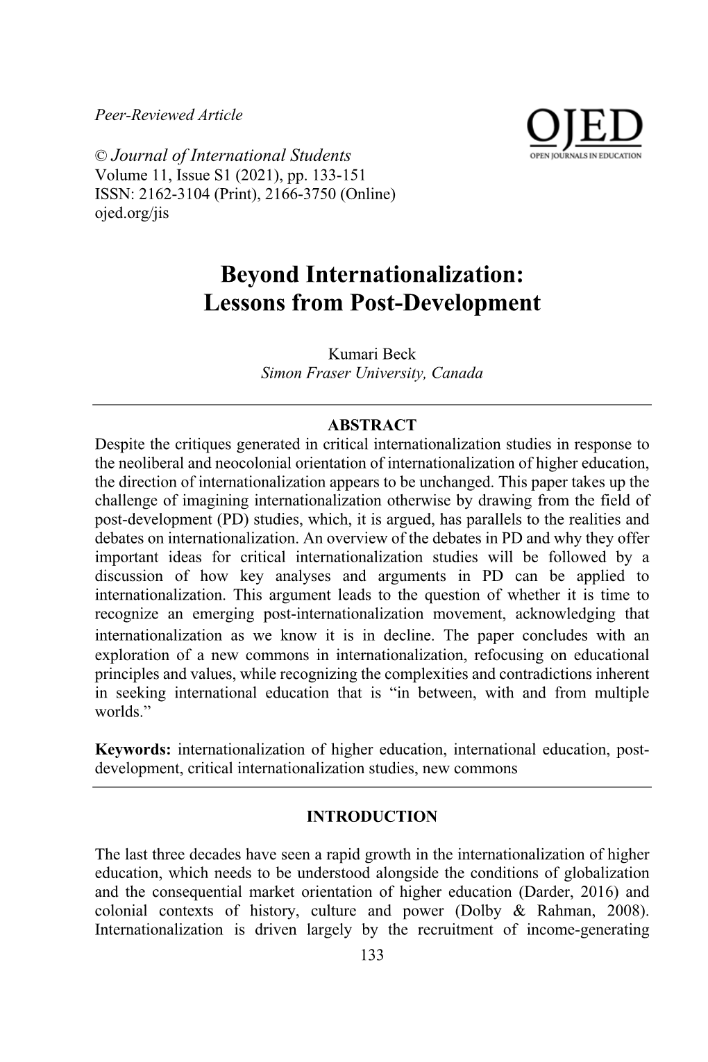 Beyond Internationalization: Lessons from Post-Development