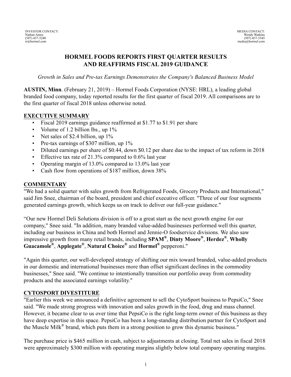 Hormel Earnings Release Q1 2019