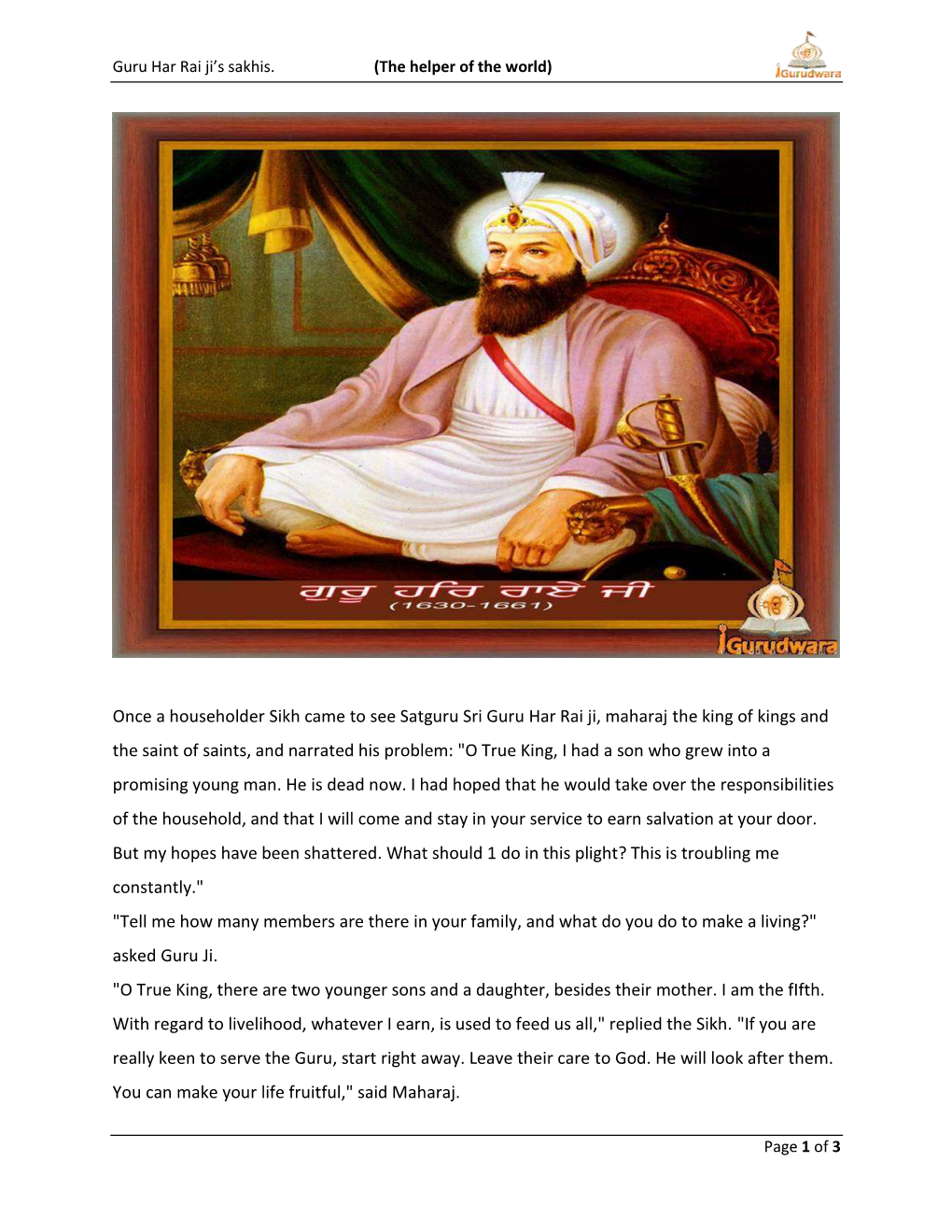 Once a Householder Sikh Came to See Satguru Sri Guru Har Rai Ji