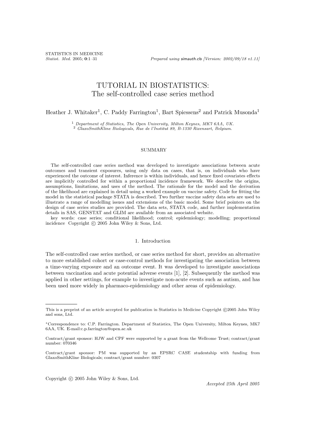 TUTORIAL in BIOSTATISTICS: the Self-Controlled Case Series Method