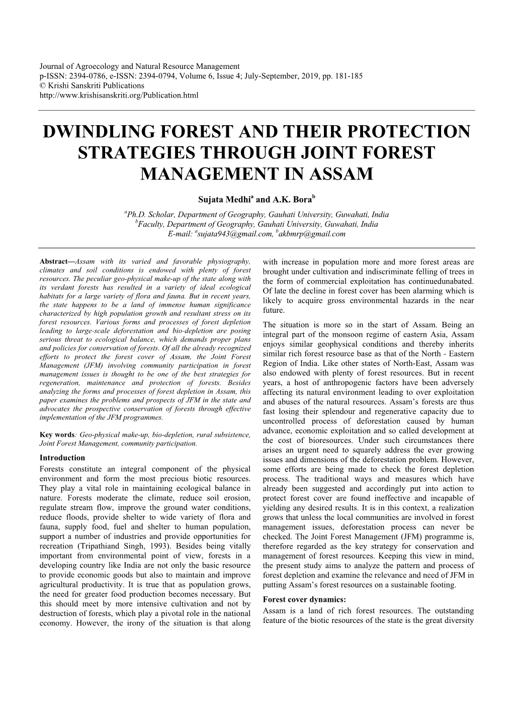 Dwindling Forest and Their Protection Strategies Through Joint Forest Management in Assam