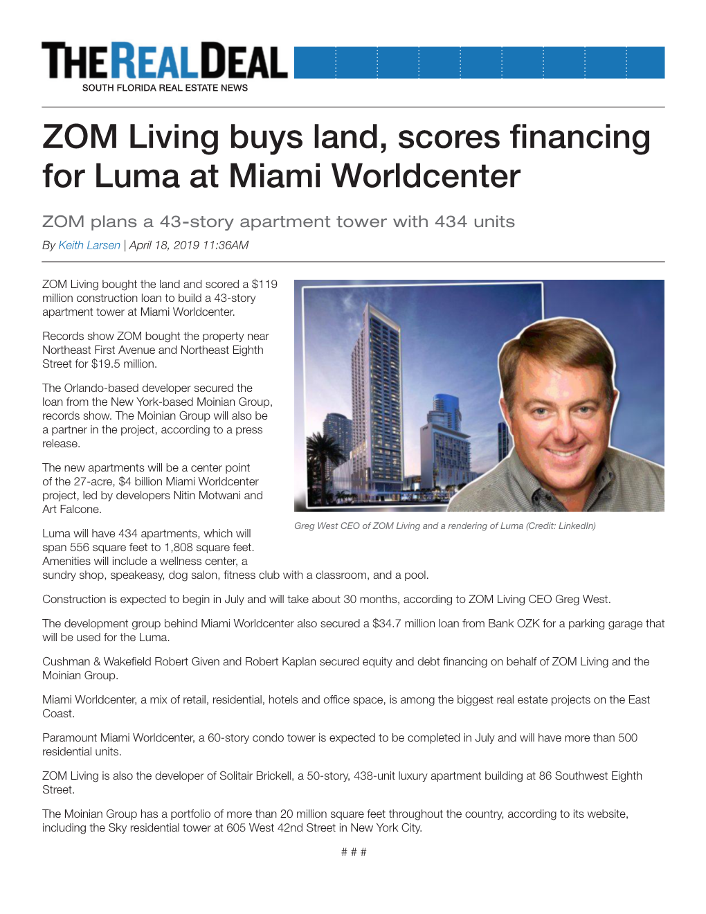 ZOM Living Buys Land, Scores Financing for Luma at Miami Worldcenter