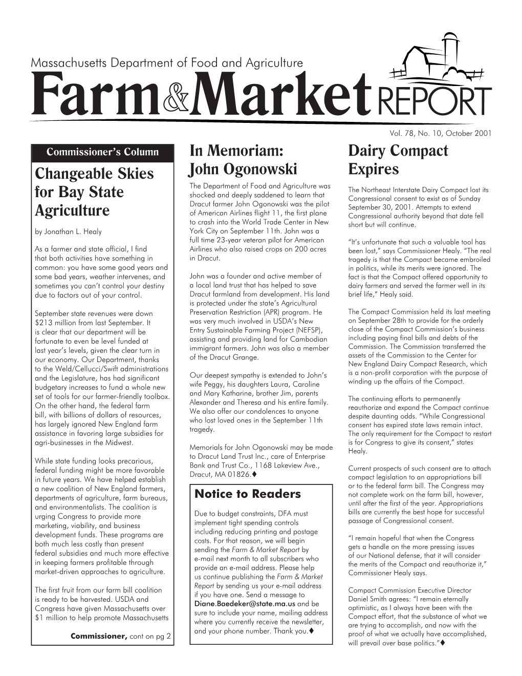 Changeable Skies for Bay State Agriculture in Memoriam: John Ogonowski Dairy Compact Expires