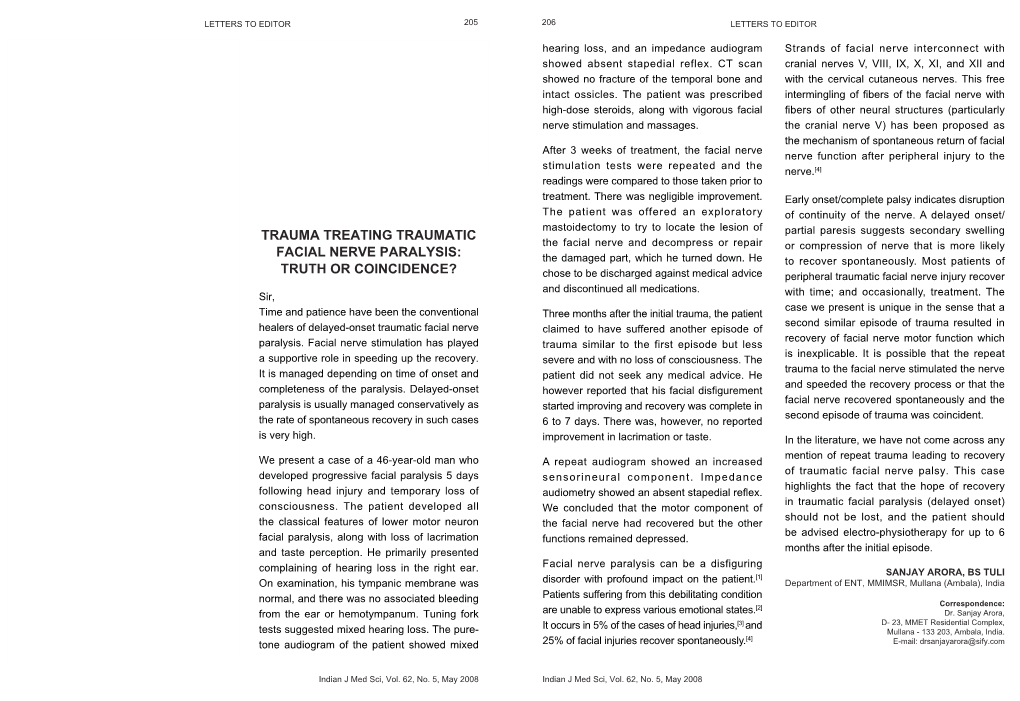 Trauma Treating Traumatic Facial Nerve Paralysis