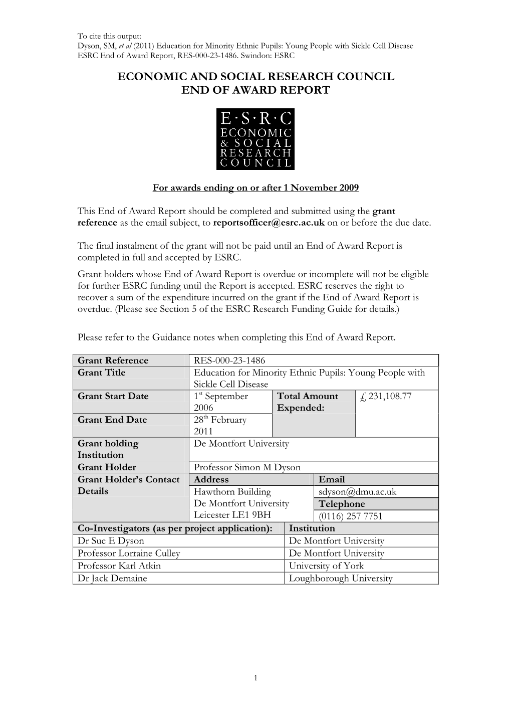 Economic and Social Research Council End of Award Report