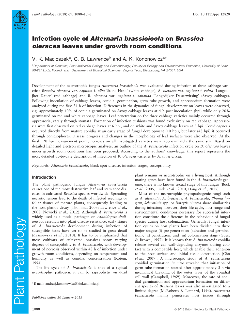 Infection Cycle of Alternaria Brassicicola on Brassica Oleracea Leaves Under Growth Room Conditions