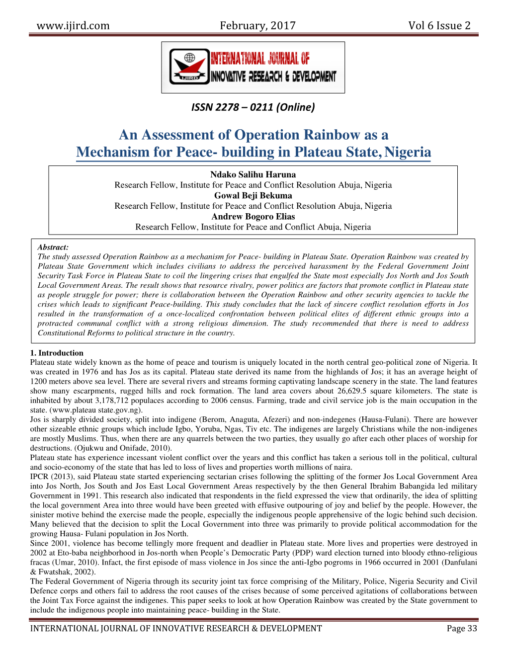 An Assessment of Operation Rainbow As a Mechanism for Peace- Building in Plateau State, Nigeria