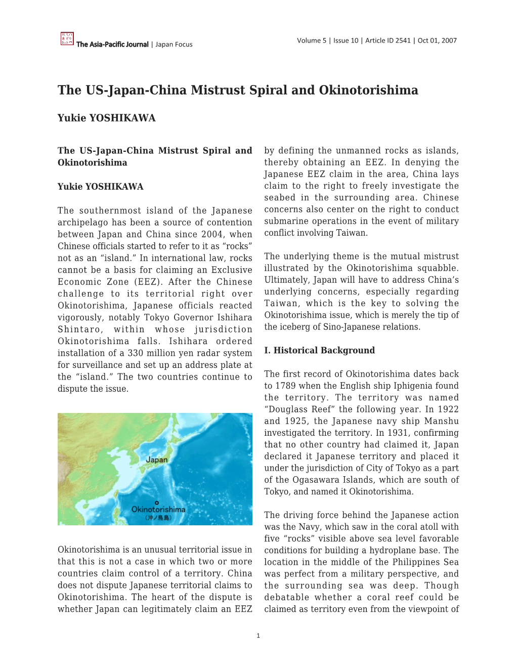 The US-Japan-China Mistrust Spiral and Okinotorishima