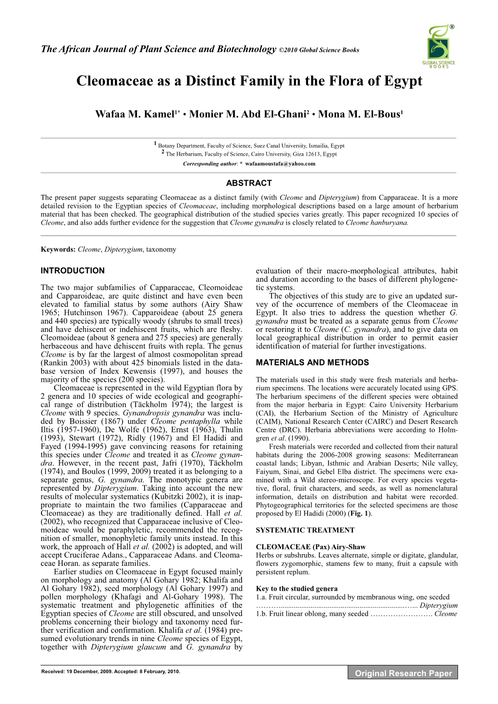 Cleomaceae As a Distinct Family in the Flora of Egypt Wafaa M