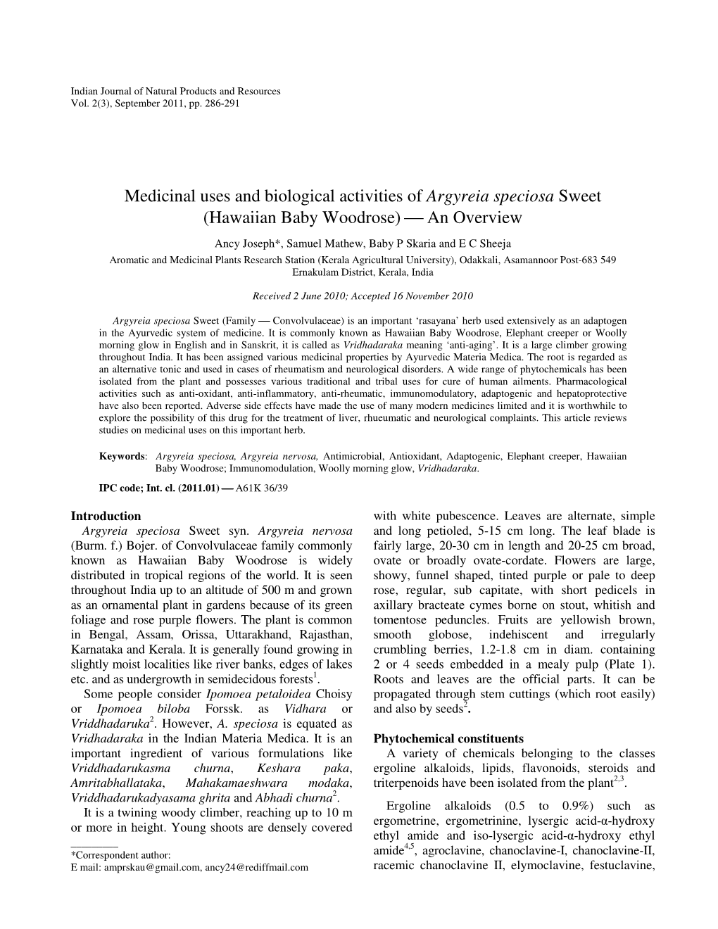 Medicinal Uses and Biological Activities of Argyreia Speciosa