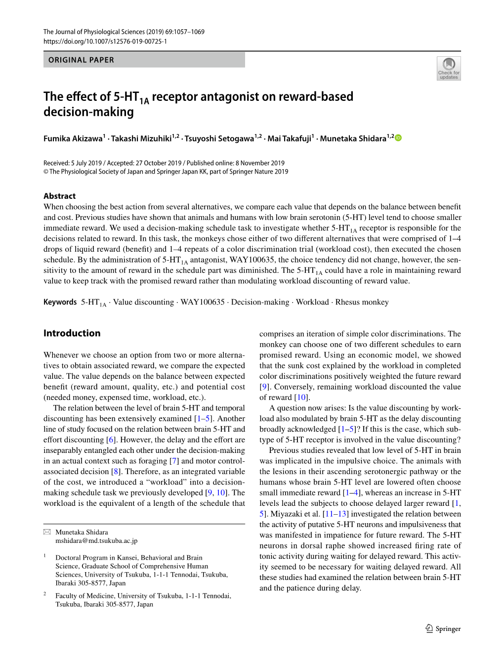 The Effect of 5-HT1A Receptor Antagonist on Reward-Based