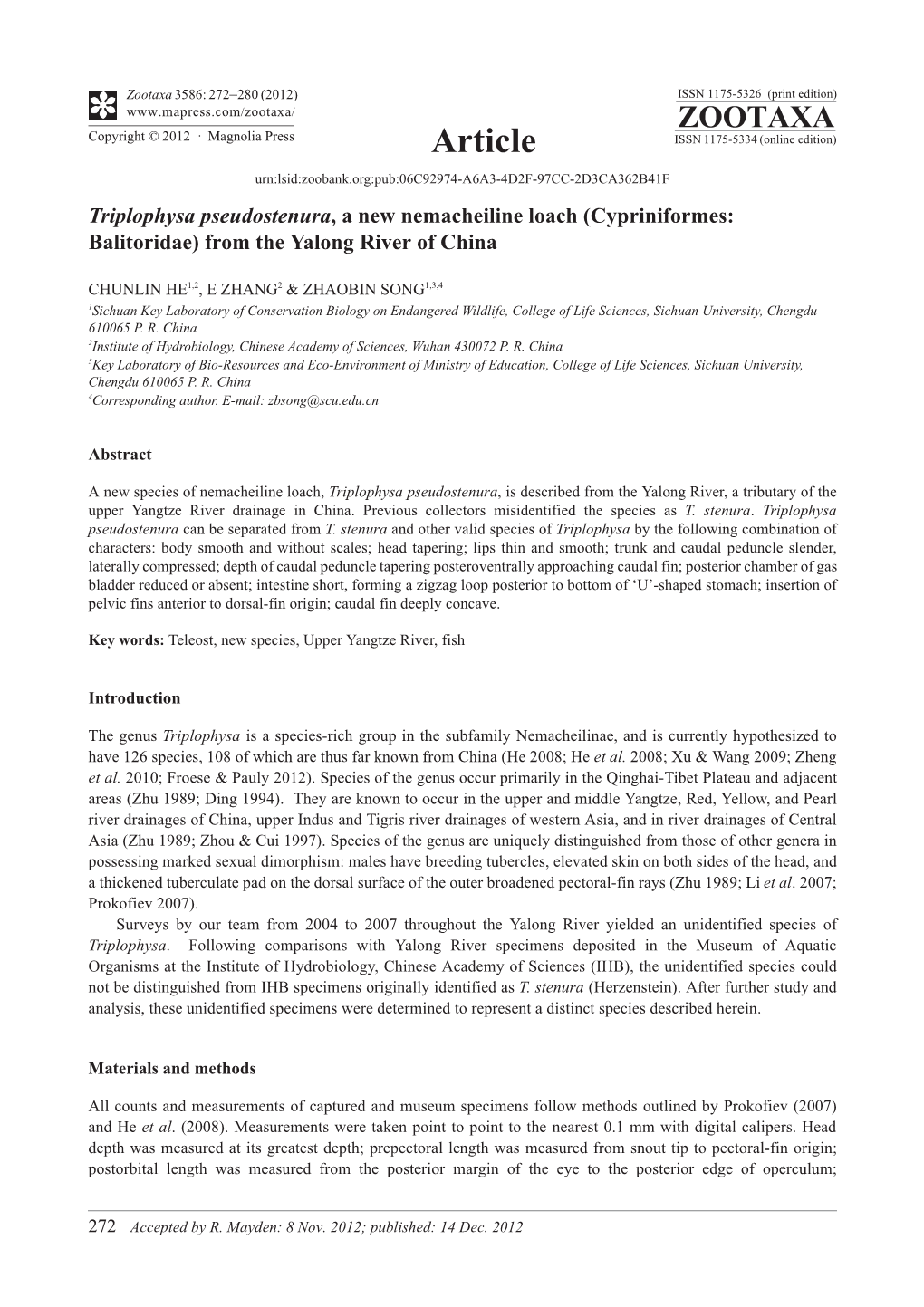 Triplophysa Pseudostenura, a New Nemacheiline Loach (Cypriniformes: Balitoridae) from the Yalong River of China