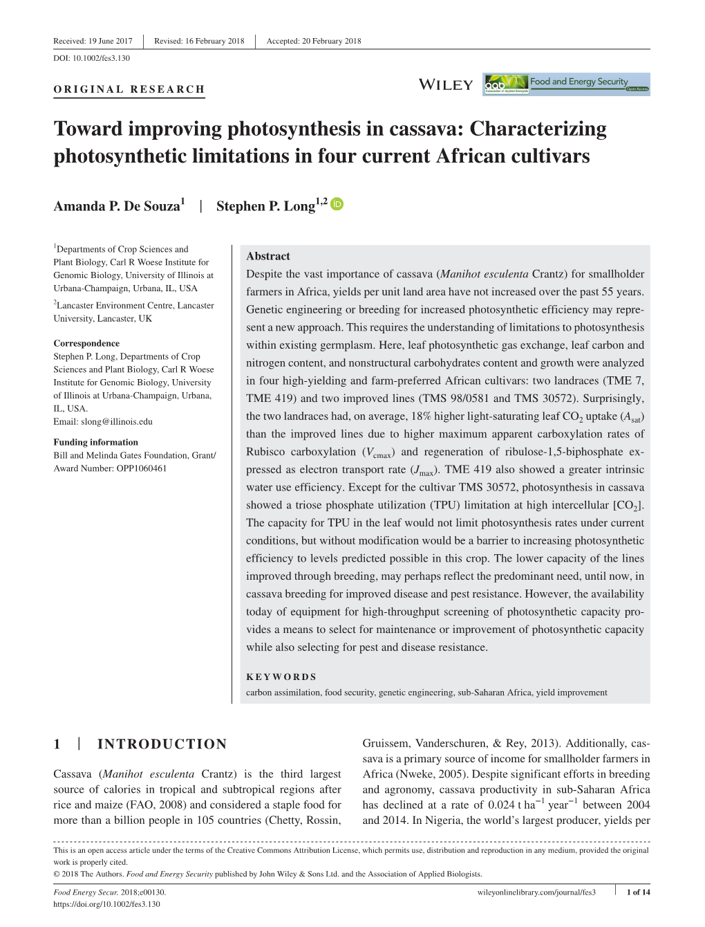 Toward Improving Photosynthesis in Cassava: Characterizing Photosynthetic Limitations in Four Current African Cultivars