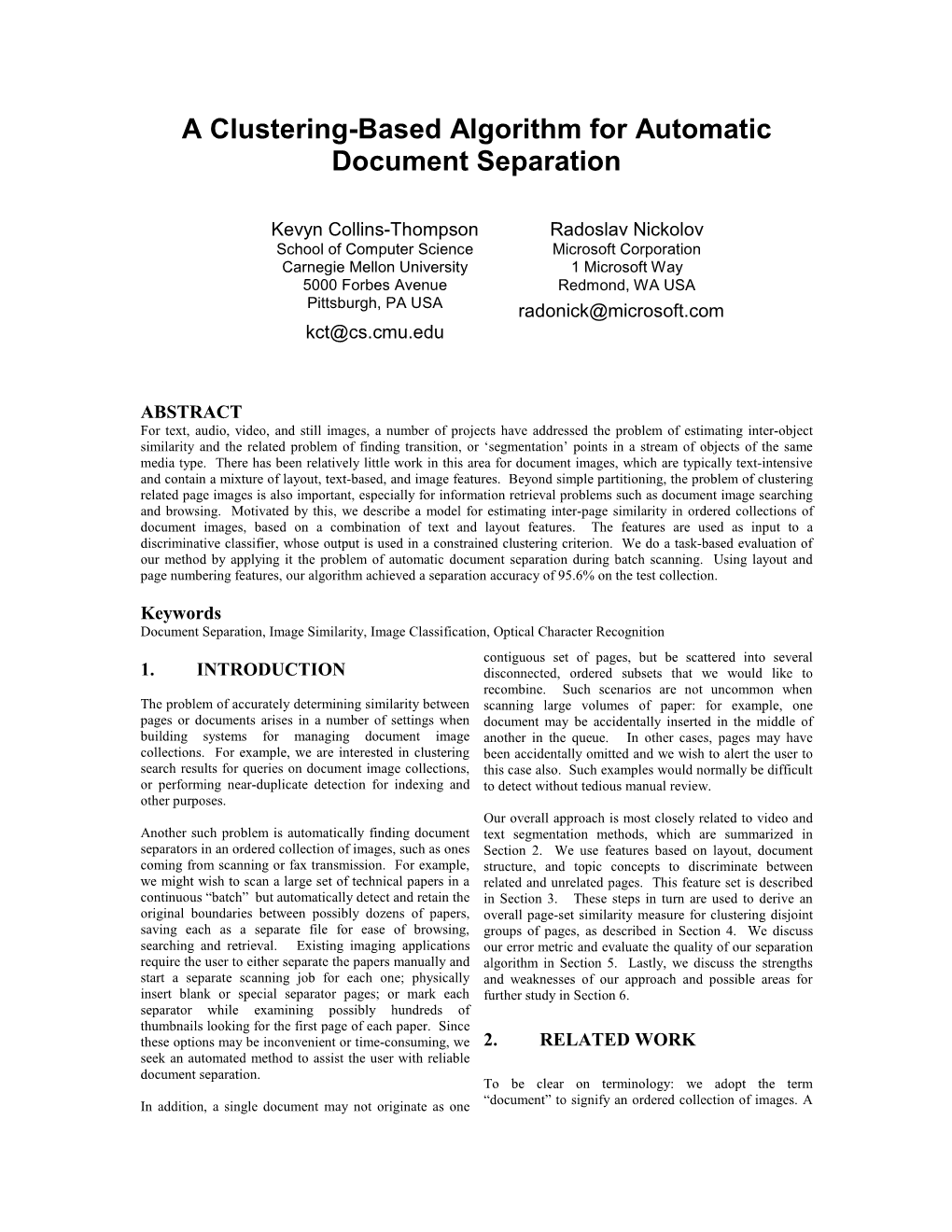 A Clustering-Based Algorithm for Automatic Document Separation