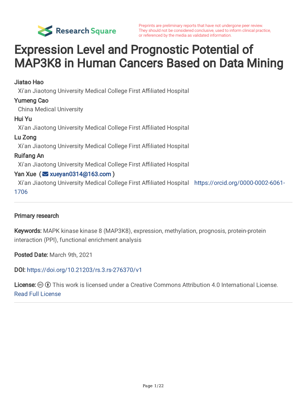 Expression Level and Prognostic Potential of MAP3K8 in Human Cancers Based on Data Mining