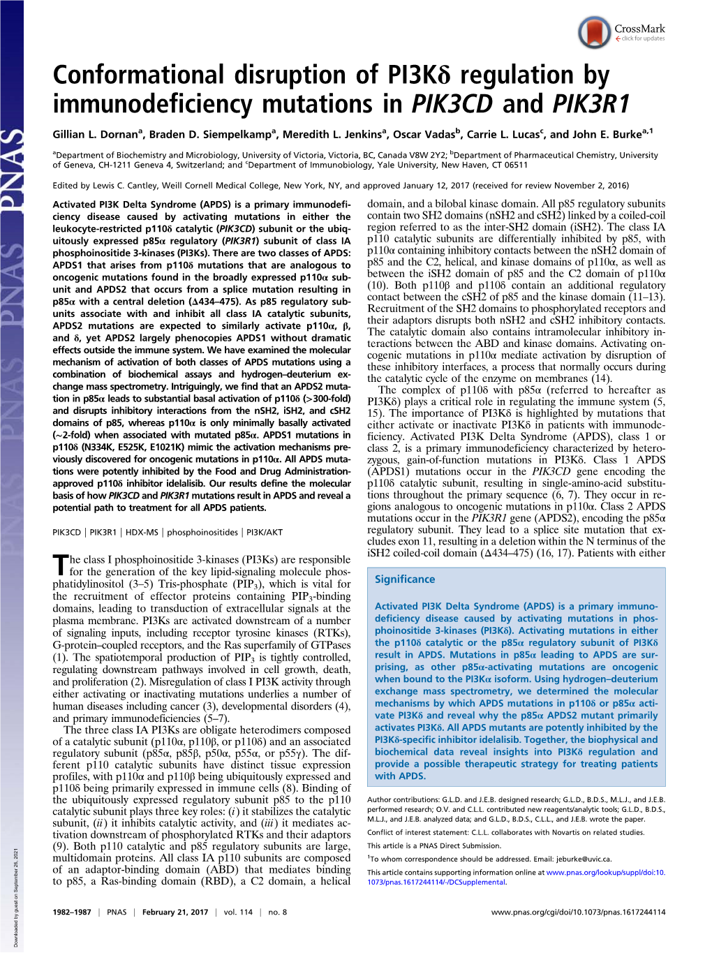 Conformational Disruption of Pi3kδ Regulation by Immunodeficiency Mutations in PIK3CD and PIK3R1