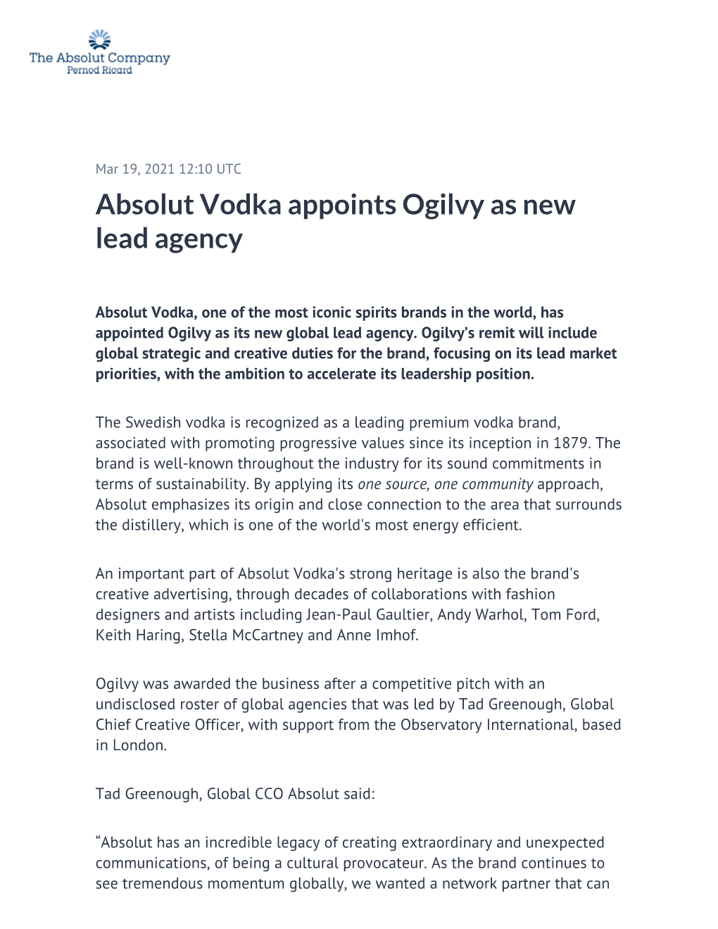 Absolut Vodka Appoints Ogilvy As New Lead Agency