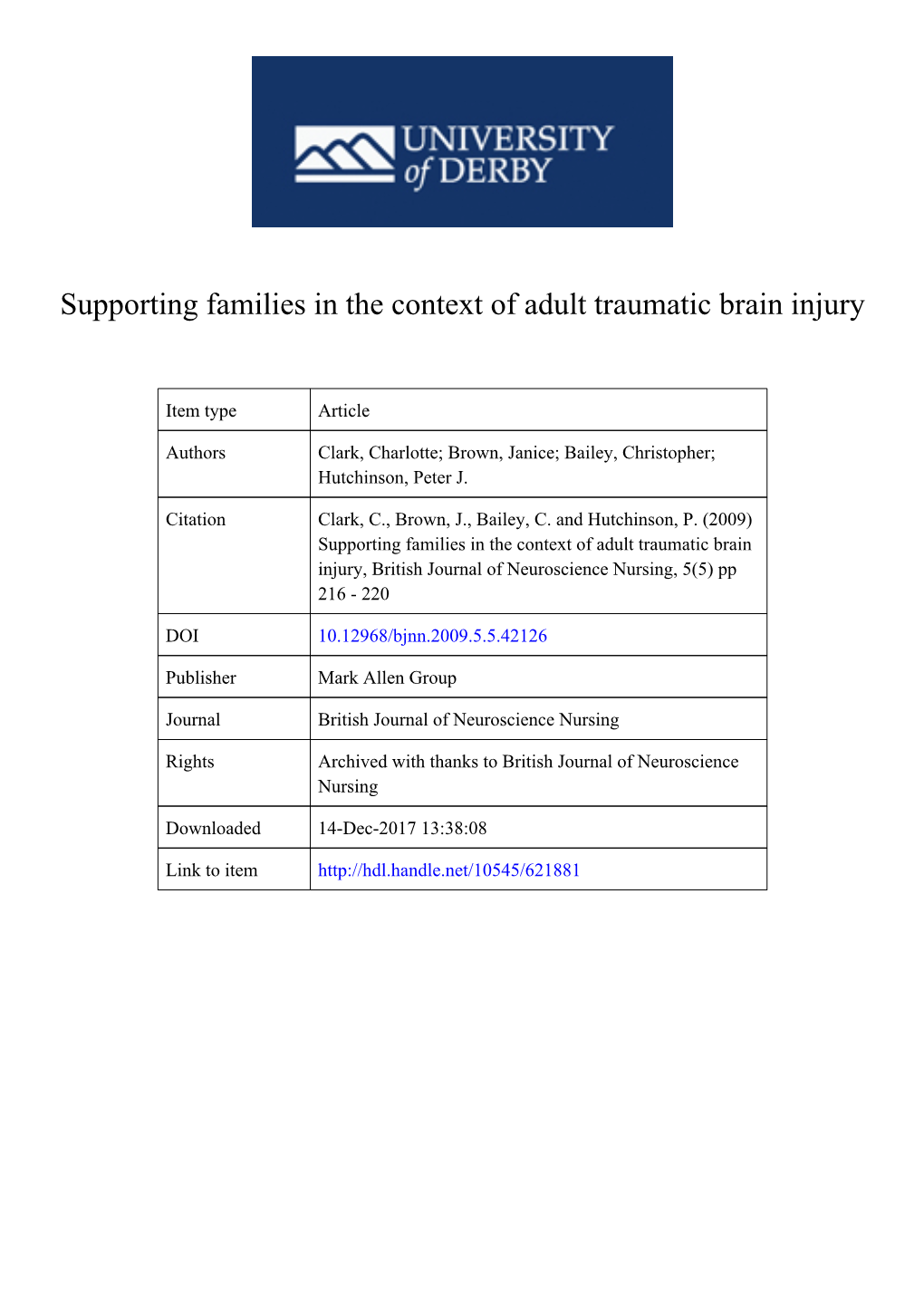 Supporting Families in the Context of Adult Traumatic Brain Injury